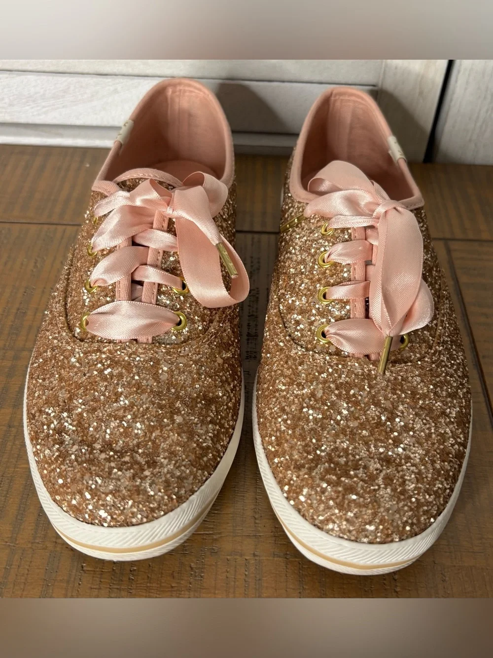 Keds x Kate Spade Champion Rose Gold Glitter Sneakers Box Extra Laces Women’s 7